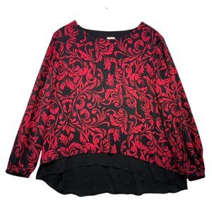 Chicos Womens Long Sleeve Blouse Size 3 L /16/18 Black & Red Floral Sheer